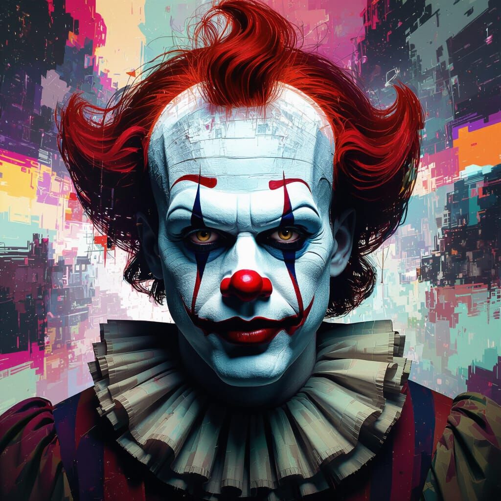 Glitching Clown Portrait With Surreal Horror Elements