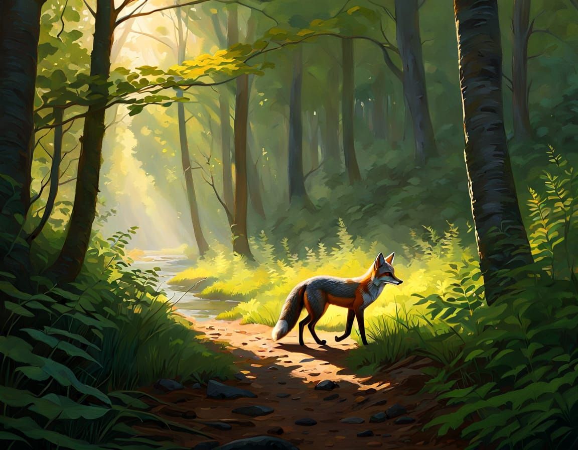 Grey Fox in Forested Riparian Zone Oil Painting