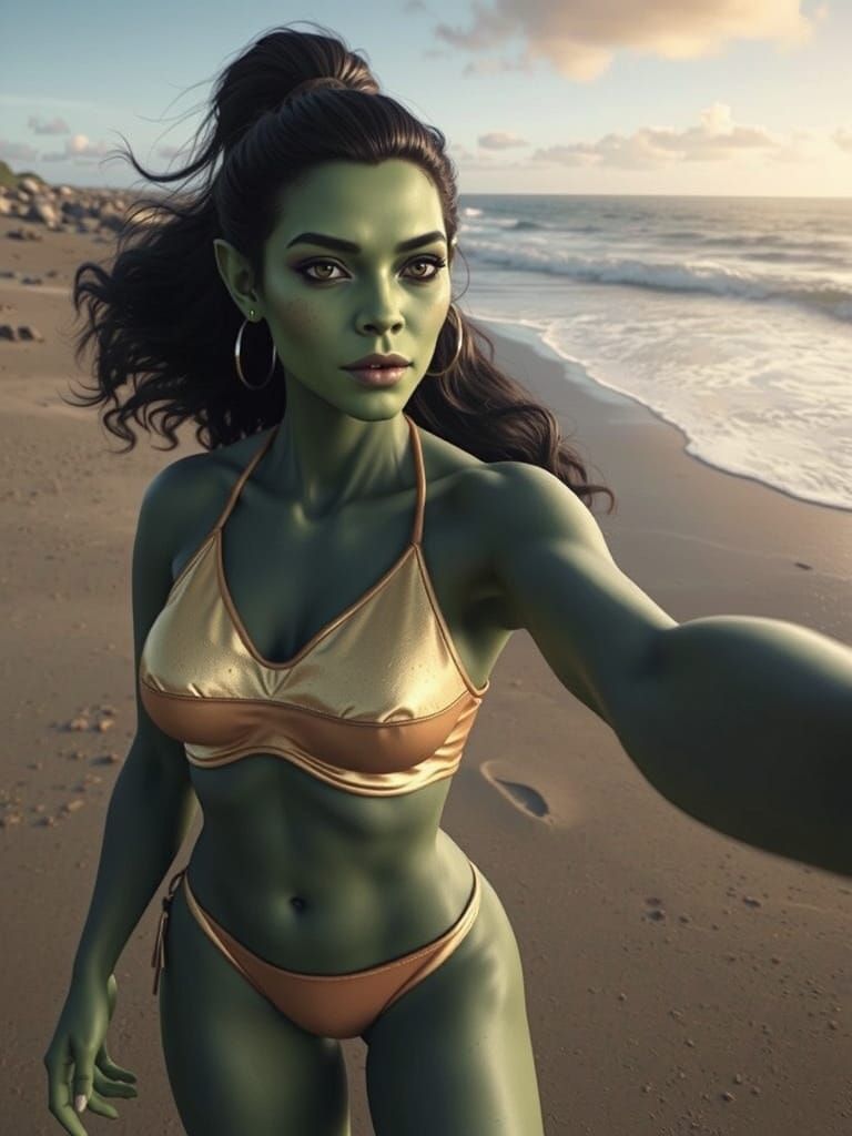Female Orc Selfie on Beach in Vibrant Style