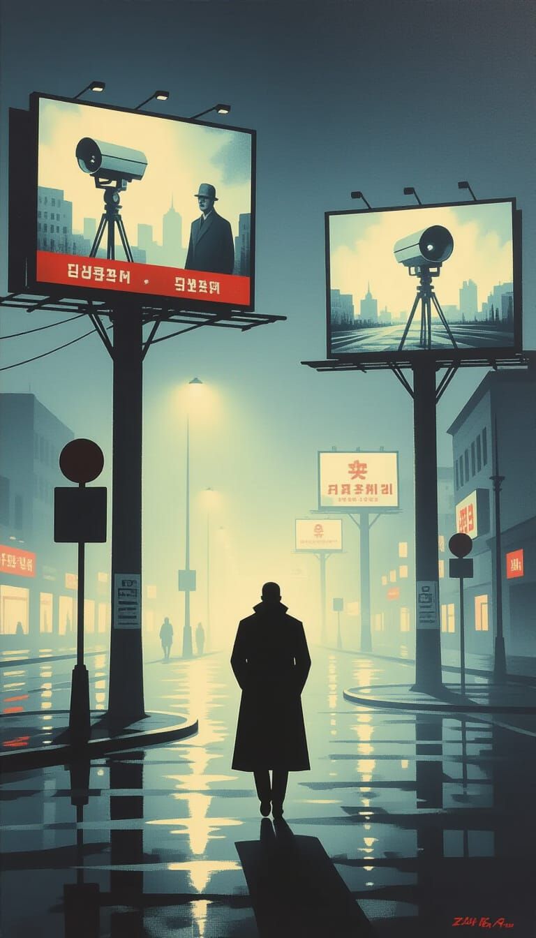 Foggy Pyongyang Street Corner in Dystopian Oil Painting Styl...