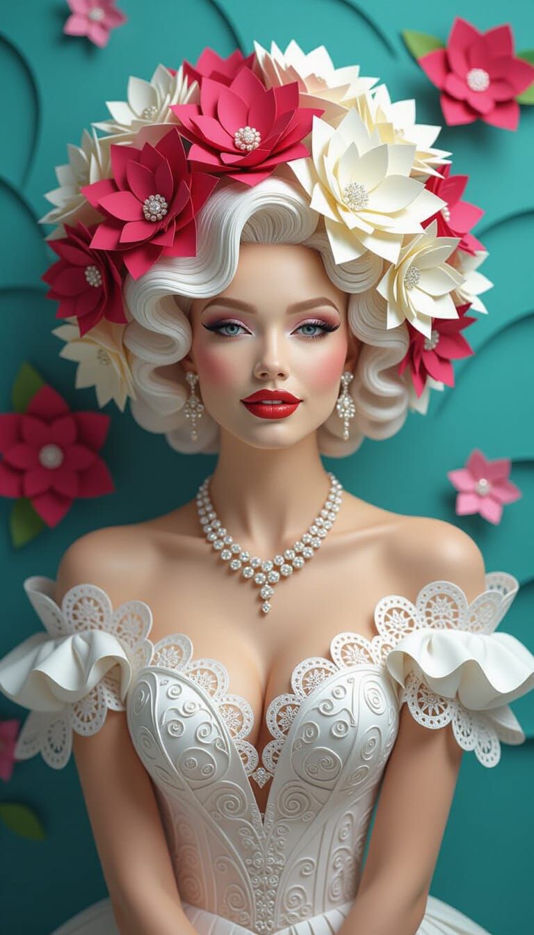 Glamorous Woman in Escher Architecture with Origami