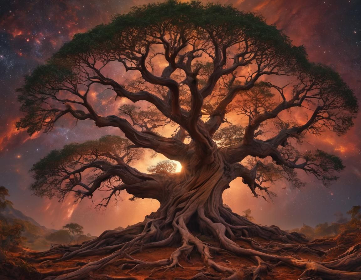 Enchanted Tree of Life in Dieselpunk Landscape