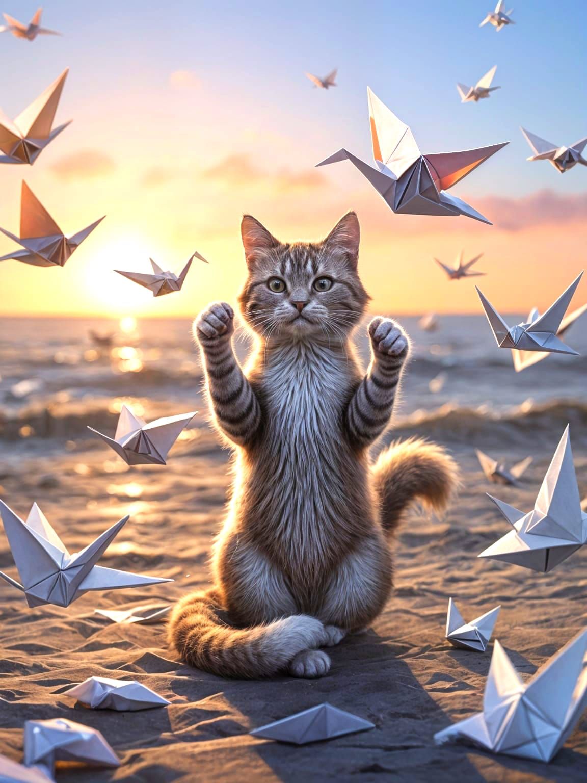 Whimsical Cat With Origami Seagulls