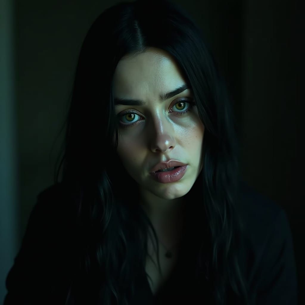 Gothic Woman with Green Eyes in Somber Film Still