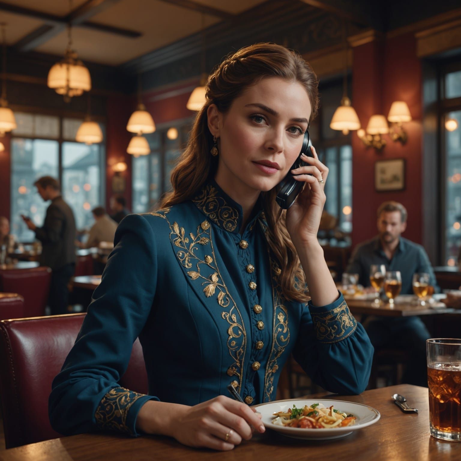 Lady Talking on Phone in Restaurant: Detailed Matte Painting