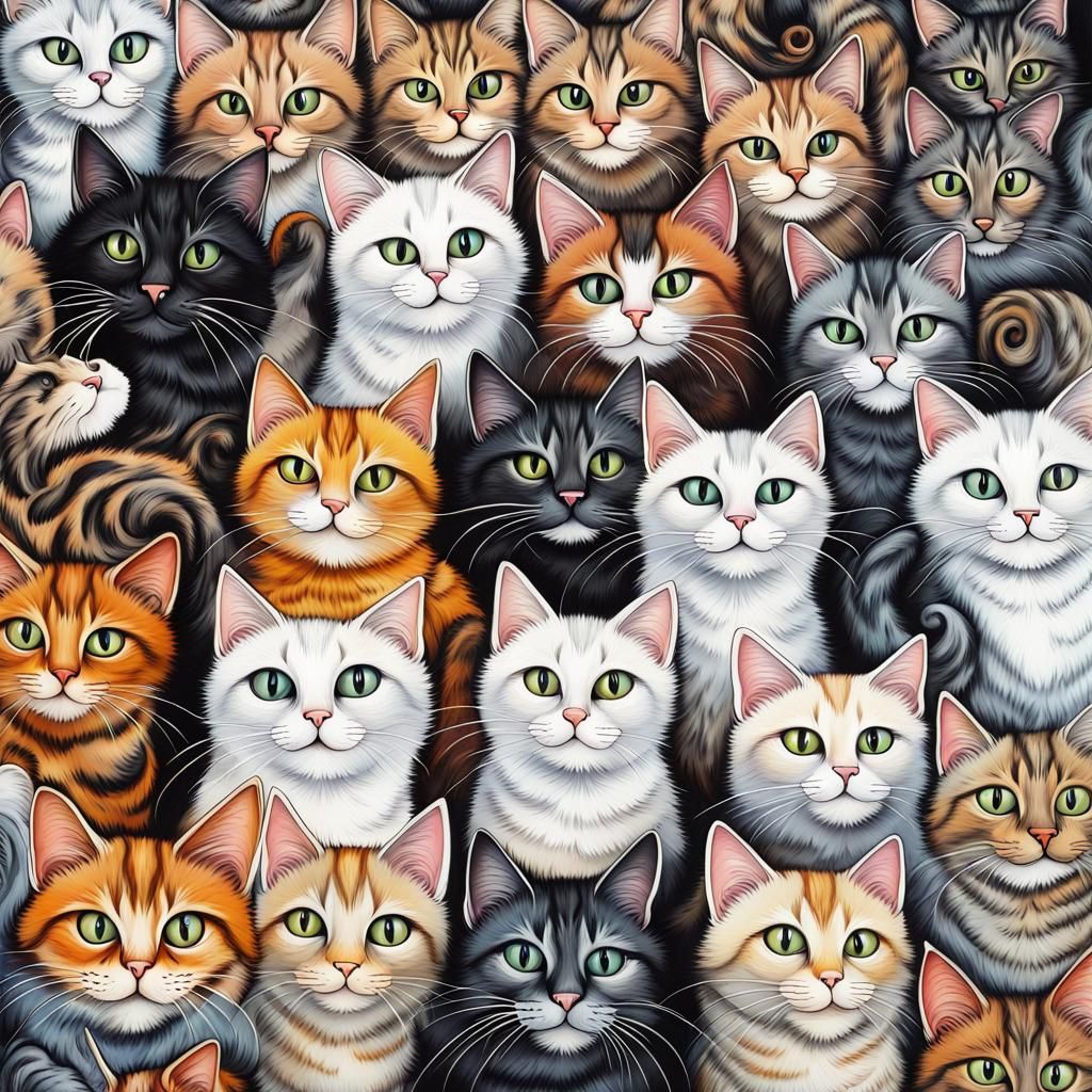 Hyperrealistic Cartoon Painting of Cats with Ink Details