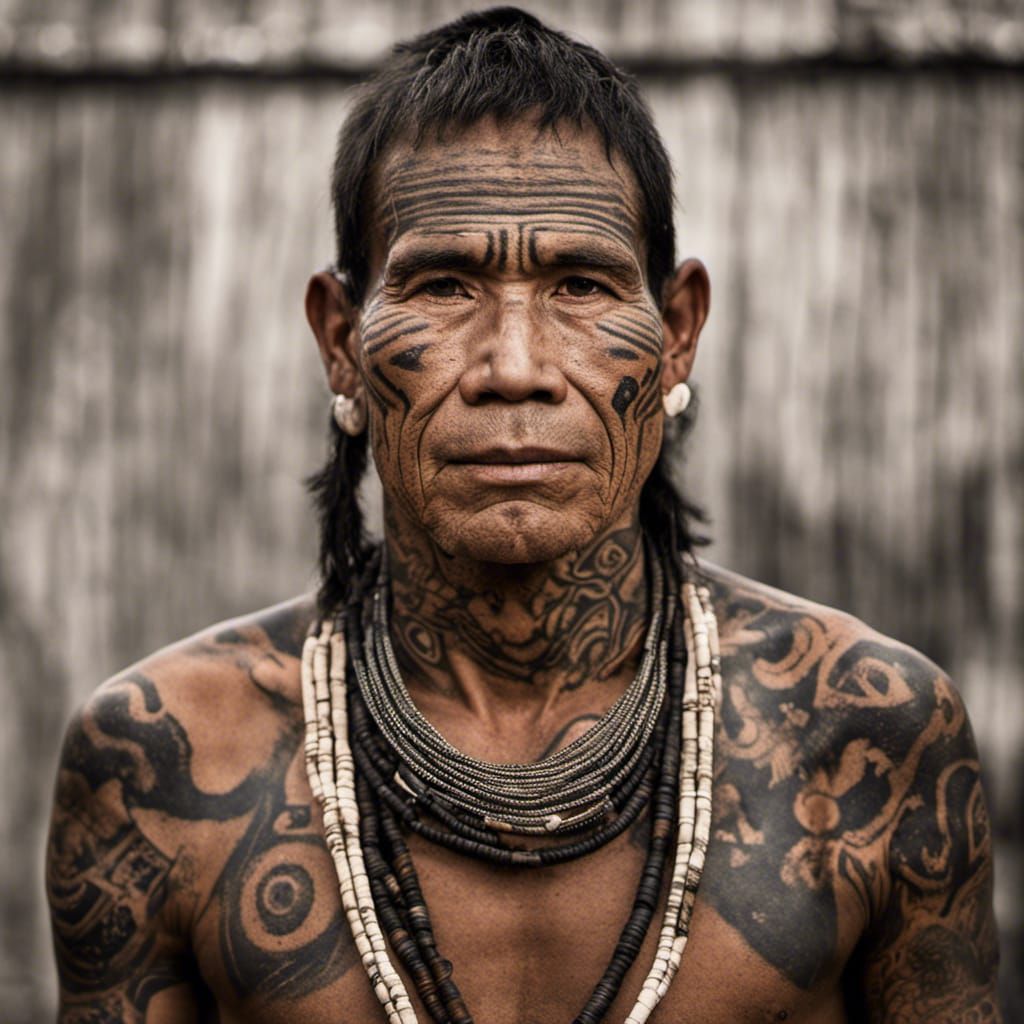 Tattooed Face Portrait of Amazonian Tribe Member