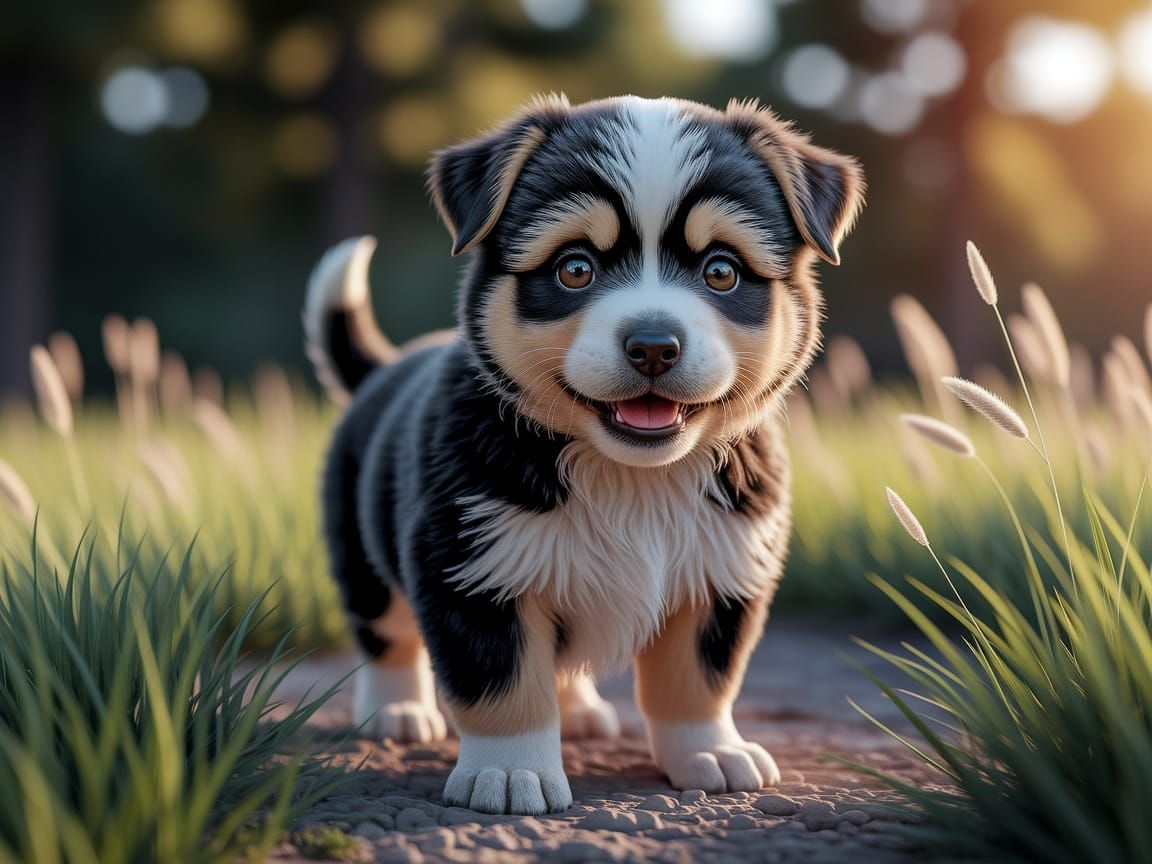Hyperrealistic Puppy in a Sunlit Meadow