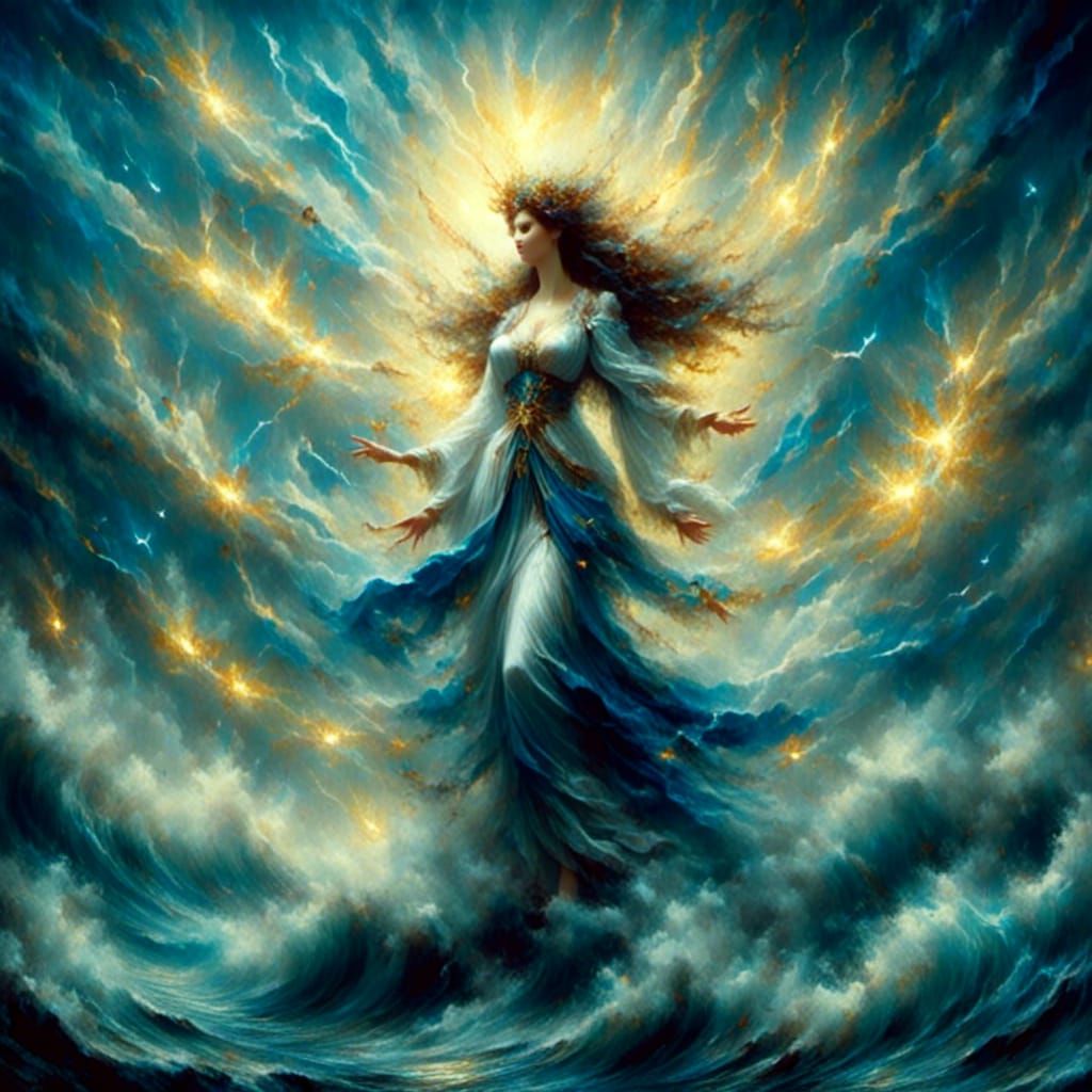 Anime Goddess of Storms and Seas in Oil Painting Style