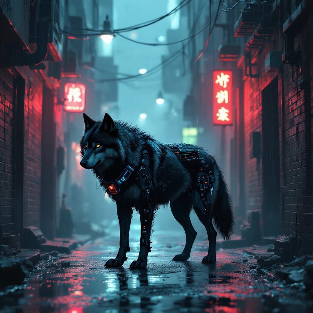 Cybernetic Wolf in Neon Alleyway