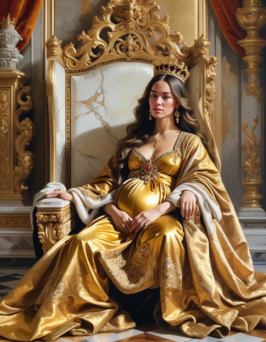 Pregnant Queen on Throne in Baroque Oil Painting