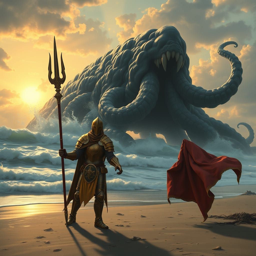 Knight Prepares for Epic Oceanic Battle at Sunrise