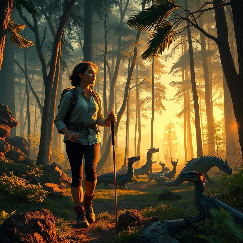 Woman Hiking with Dragons in Atmospheric Forest
