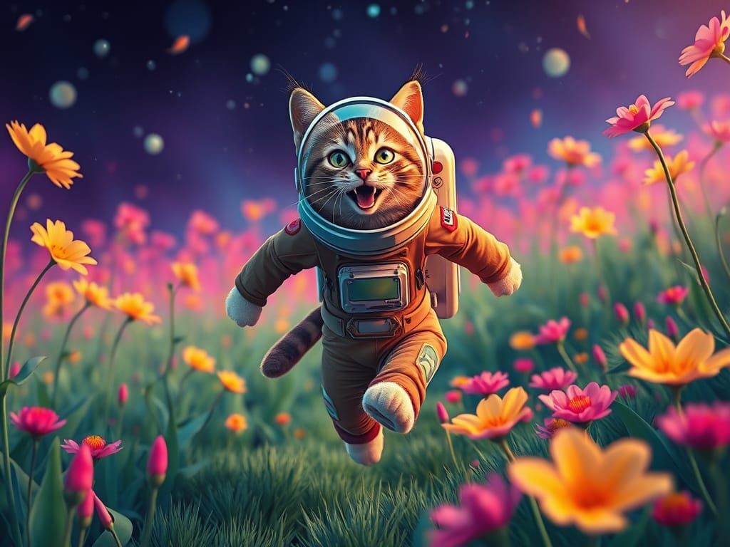 Cat Astronaut Exploring Catnip Planet in Vibrant Style