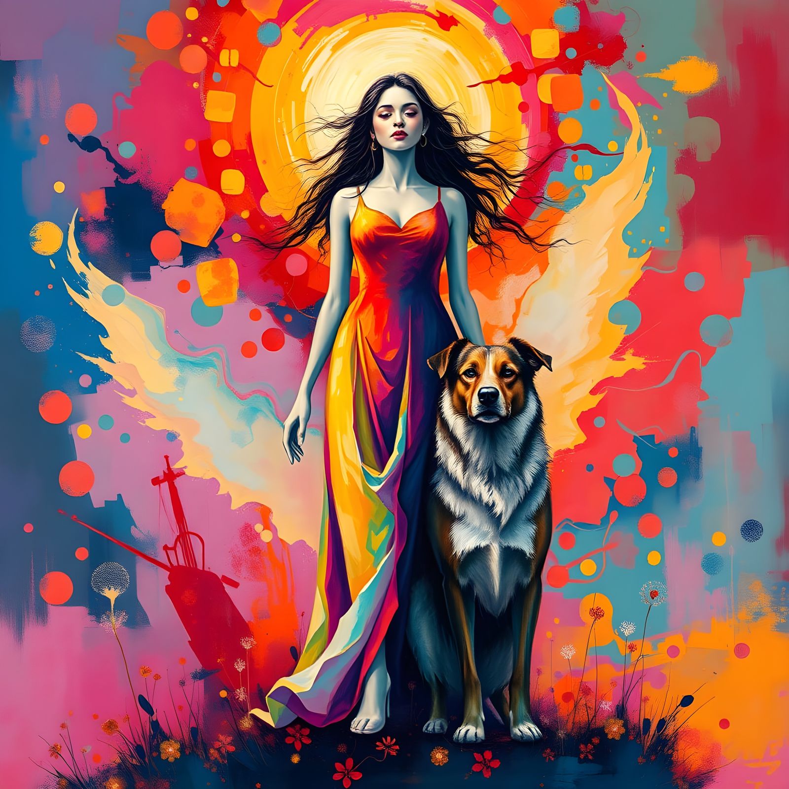 Radiant Woman and Majestic Dog in Vibrant, Ethereal Aura