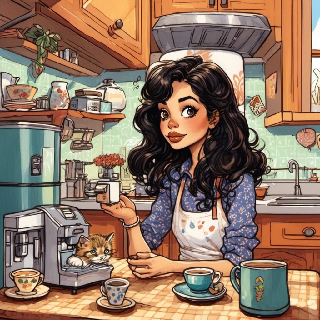 Brunette in Kitchen, George Perez Illustration