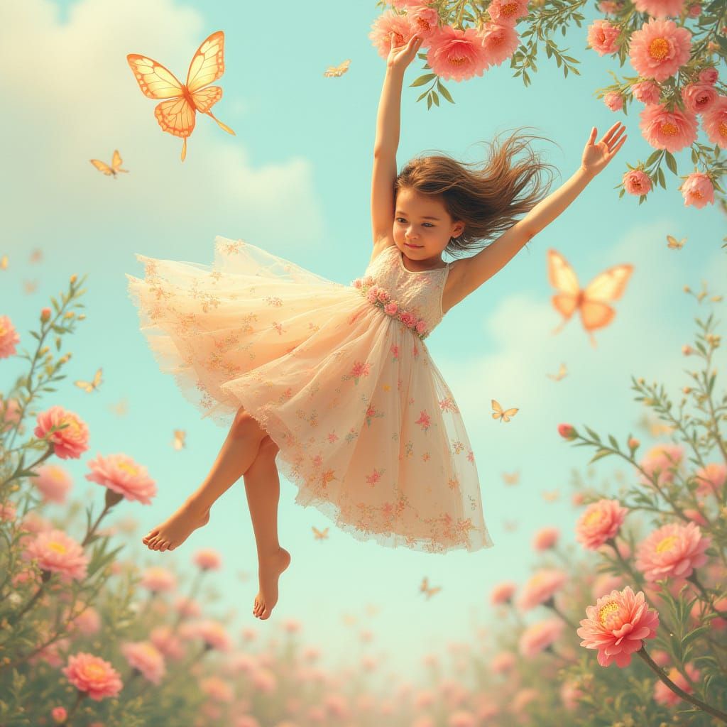 Butterfly in Floral Dress Upside Down, Whimsical Art
