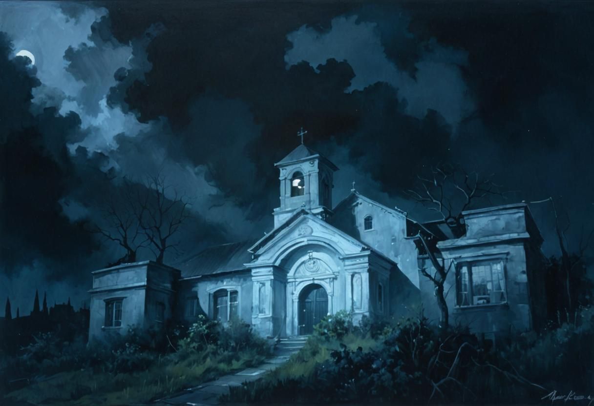 Noir Painting of an Abbey at Night
