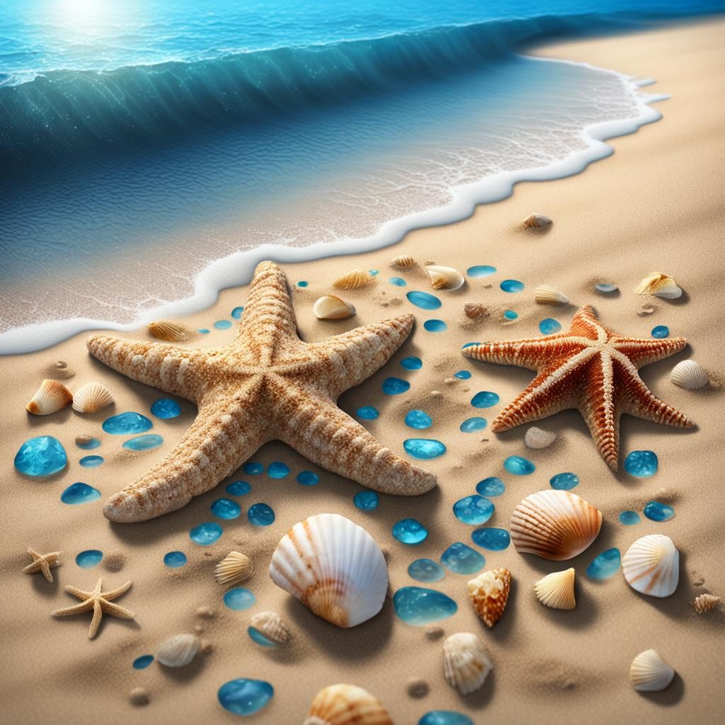 Sandy Beach with Starfish in Detailed Matte Painting