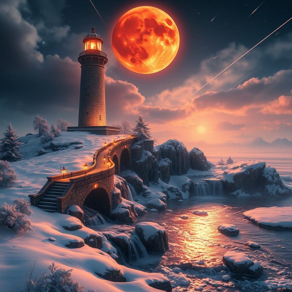 Winter Lighthouse Fantasy with Red Moon