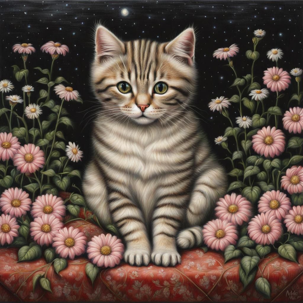 Cute Cat Surrounded by Flowers in Surrealist Style