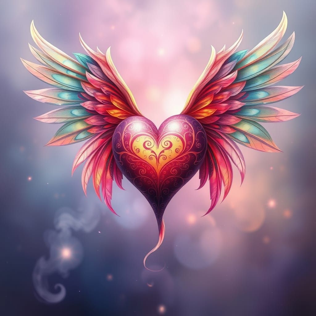 a stunning illustration of a heart with colorful wings, symb...