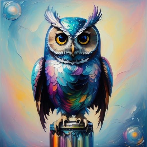 Sleek Steampunk Owl in Vibrant Pastel Hues