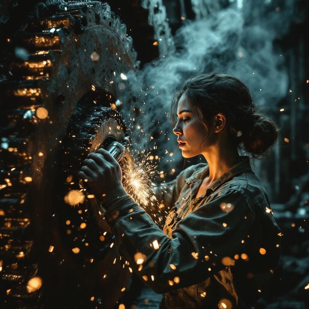 Crystalline Cinematic Woman Tightening Bolt