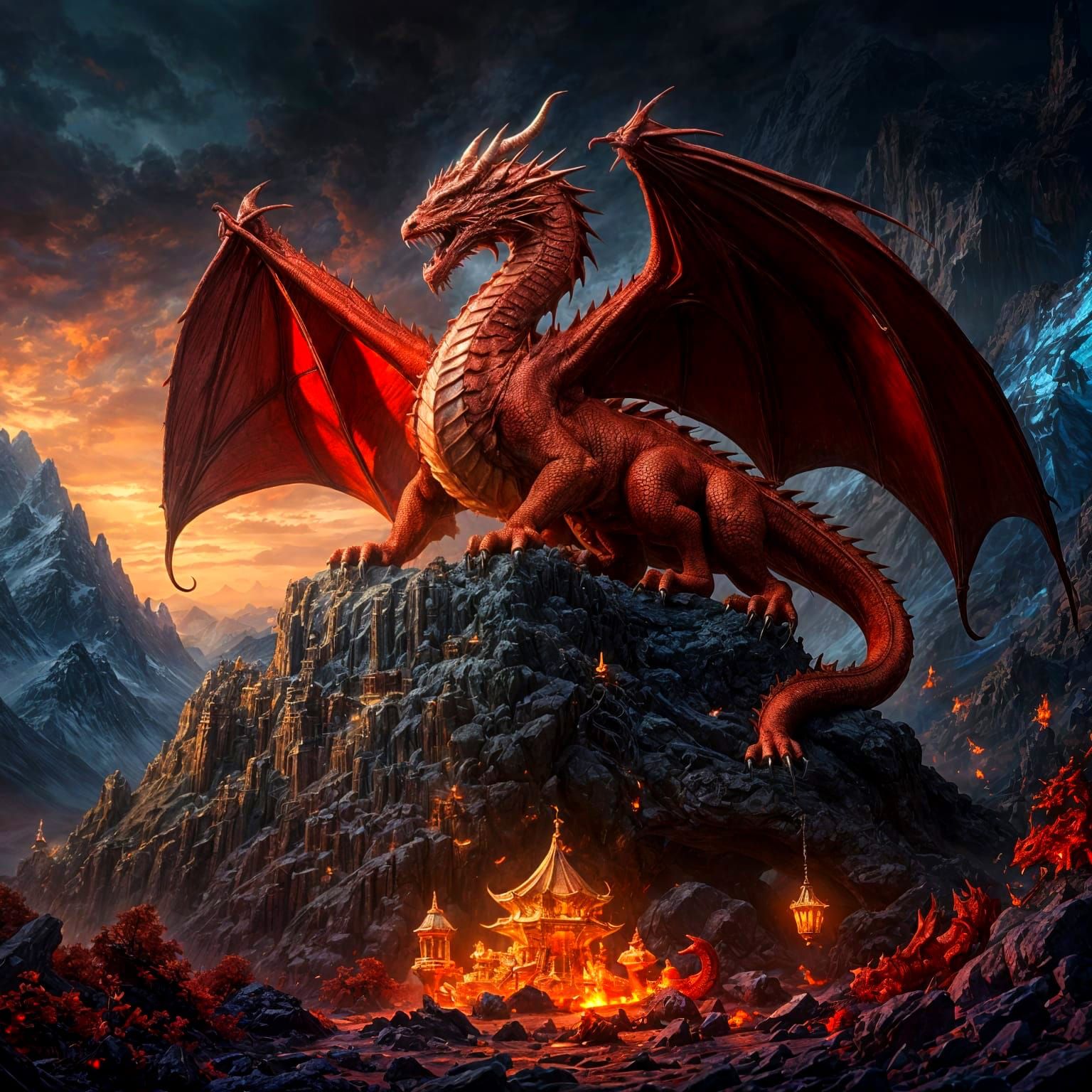 Surreal Red Dragon Masterpiece in a Treasure Hoard