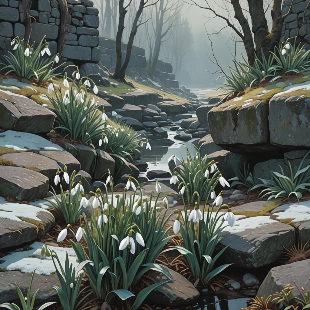 Snowdrops Blooming in Early Spring: Hyperrealistic Digital A...