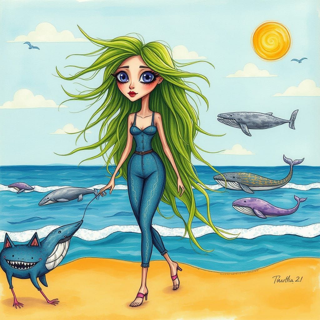 Whimsical Woman on Sunny Beach with Singing Animals