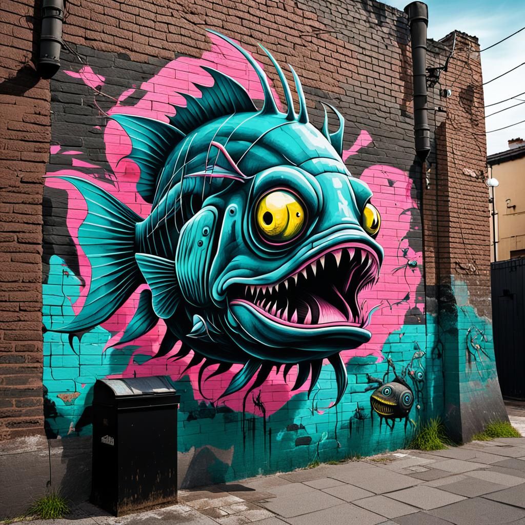 Urban Stencil Art Fish on Gritty City Wall