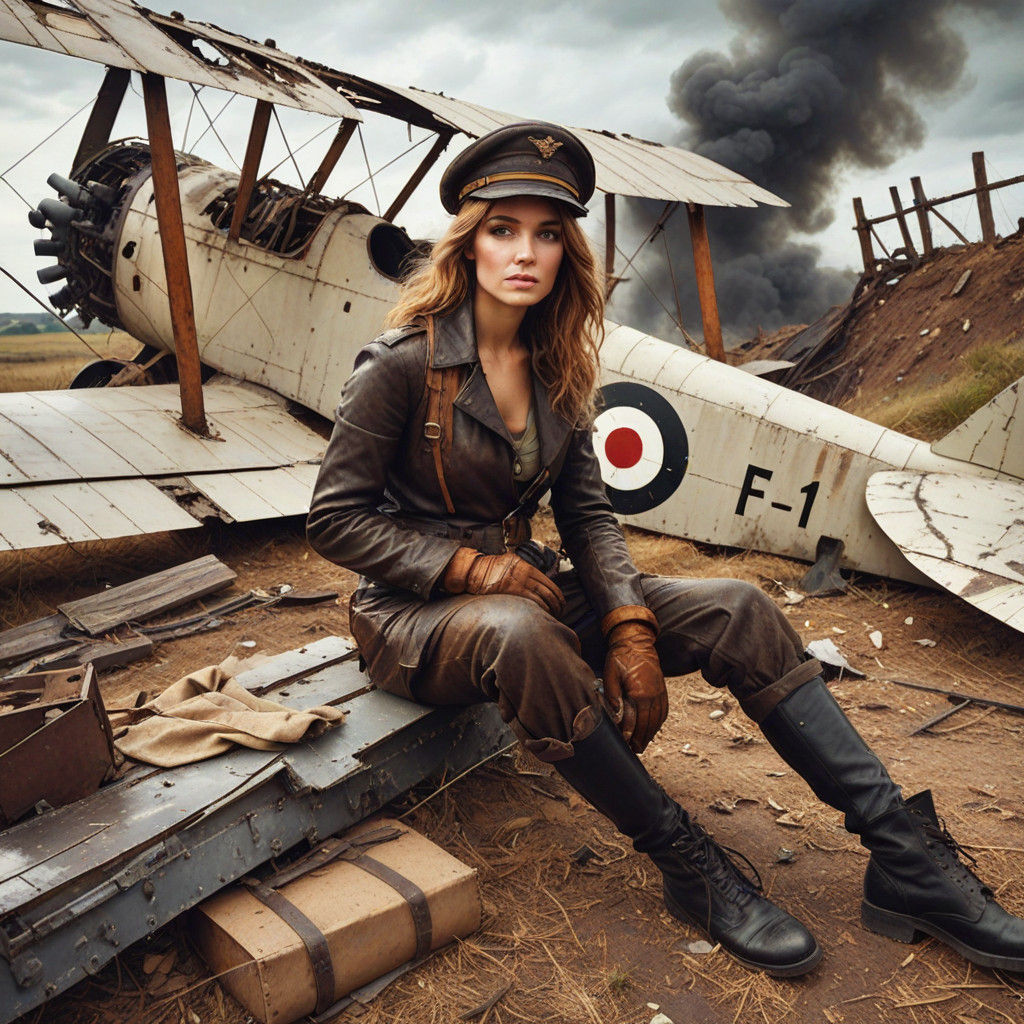 WW I Aviatrix Amidst Crashed Fokker E-1 in Verdun Landscape