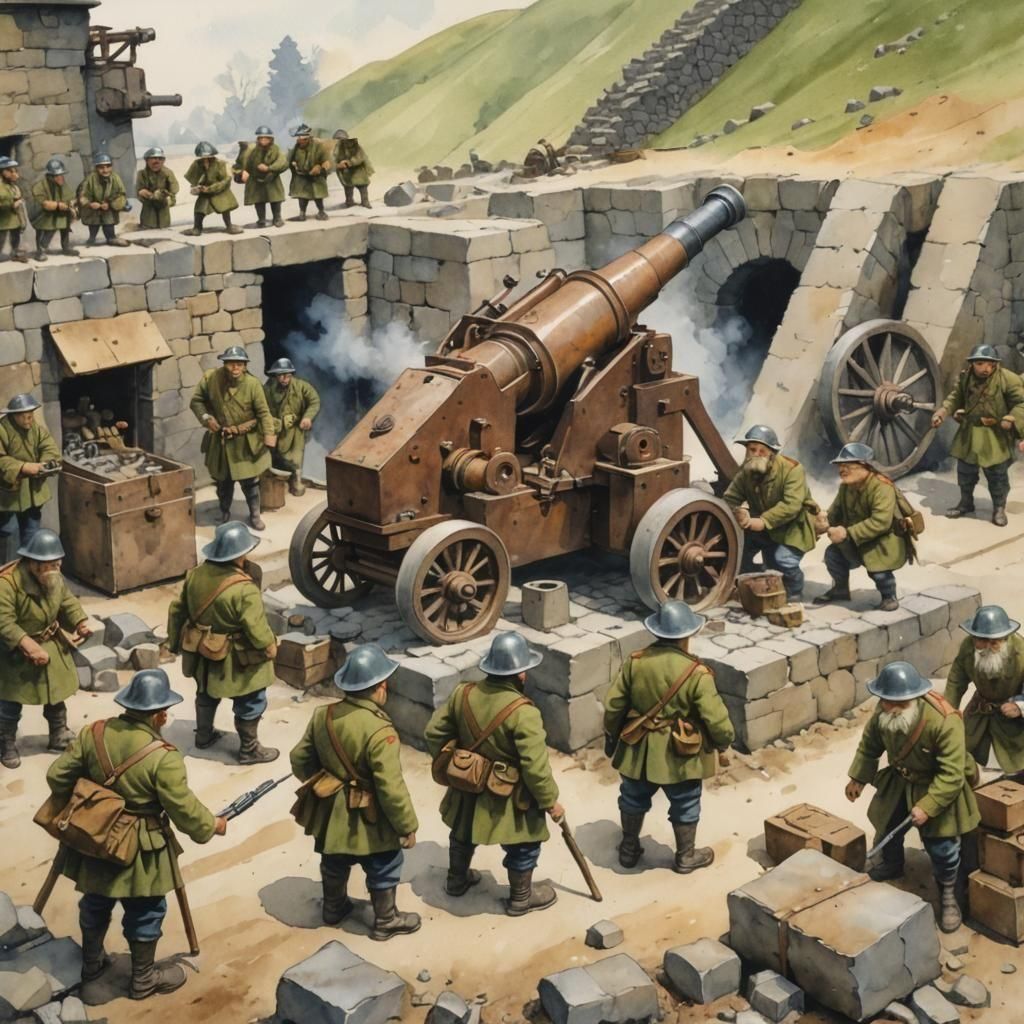 Dwarven WWI Artillery Battery Watercolor Painting