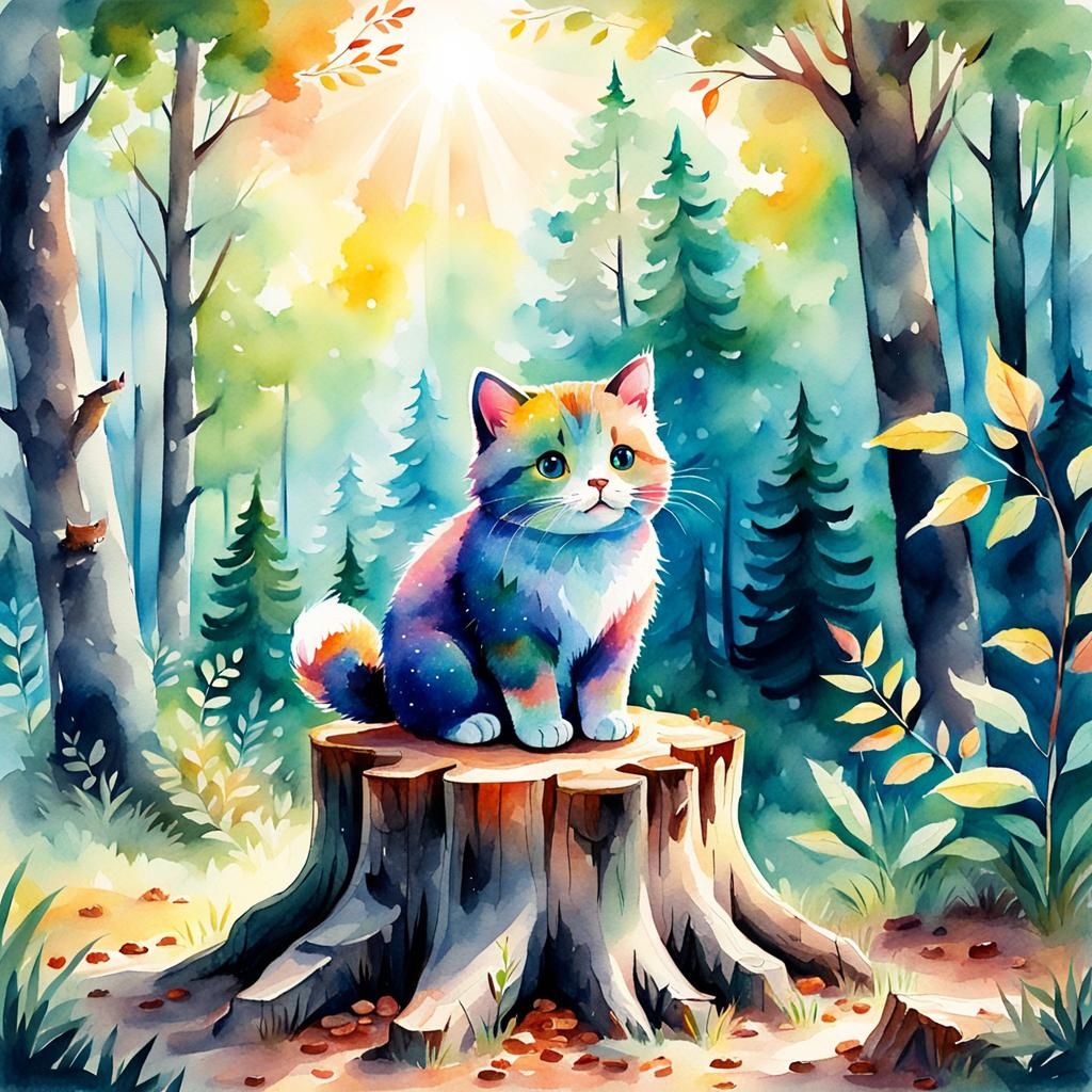 Watercolor Cat-Bear in Forest Sunlight