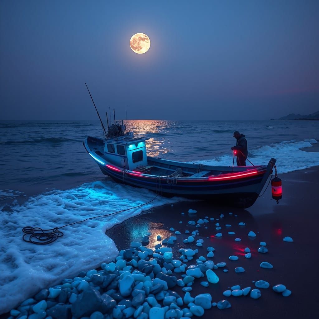 Serene Coastal Scene at Dusk with Retro-Futuristic Boat