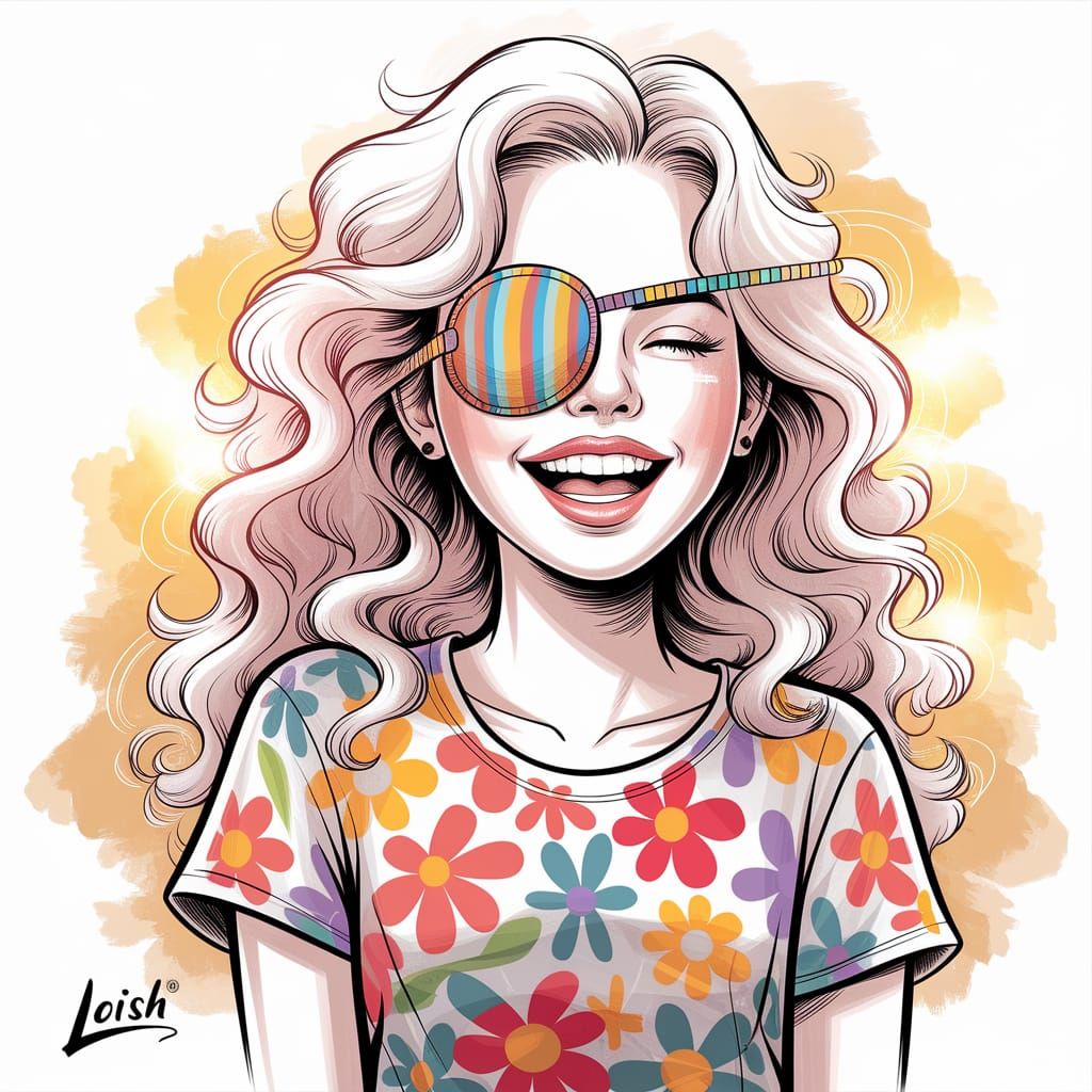Joyful Woman with Eyepatch in Loish-Inspired Ink Painting