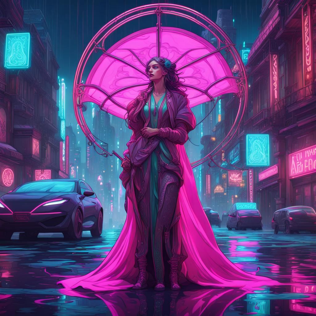Cyberpunk Girl in Cityscape: Art Nouveau Style