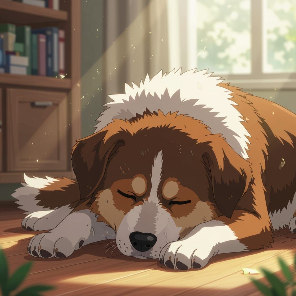 Tired Dog at Work in Anime Style