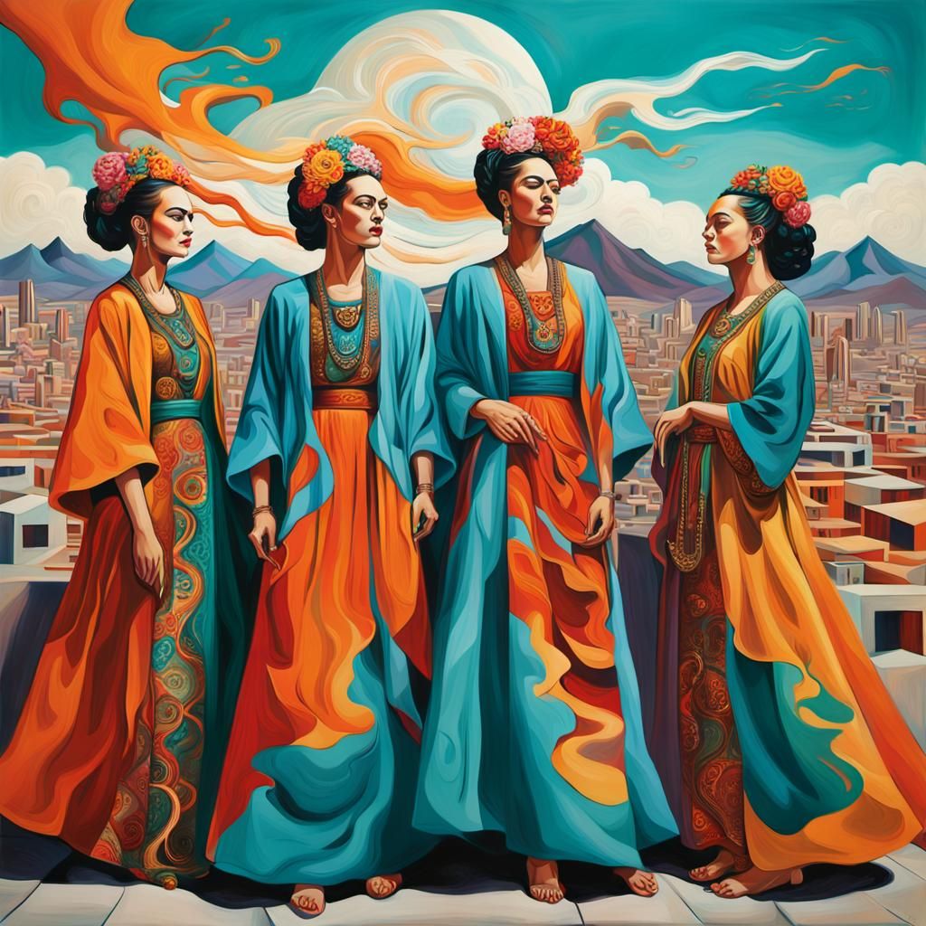 Empowered Women in Surreal Cityscape, Frida Kahlo Style