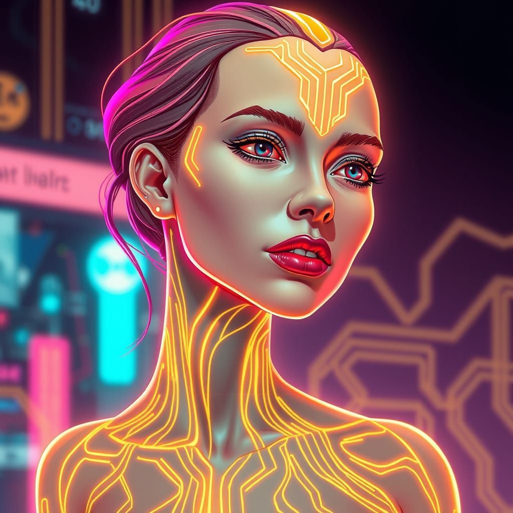 Glowing Woman in Neon Circuitry