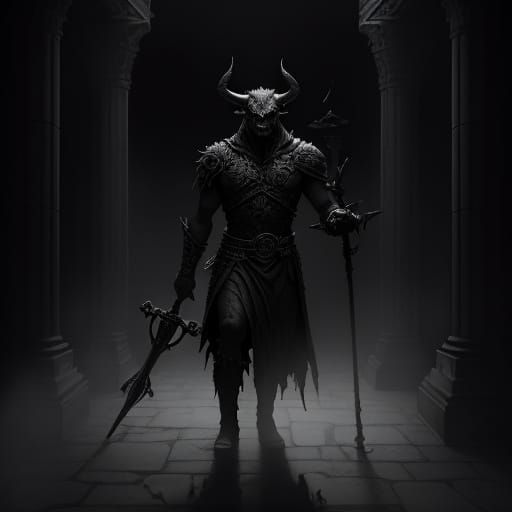 Minotaur in Labyrinth with Mace, Dark Fantasy Art