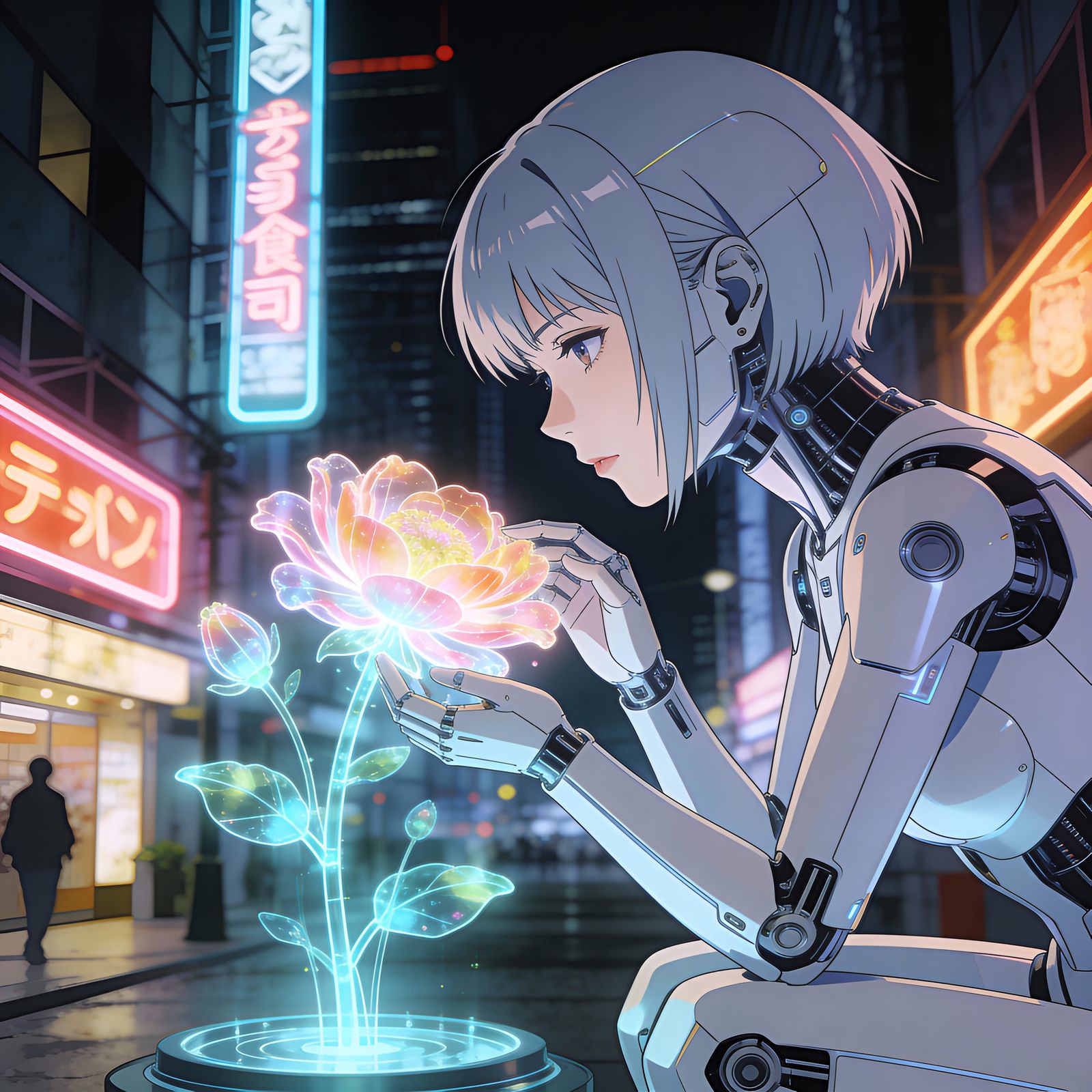 Android Woman Gazes at Holographic Flower in Chrome City