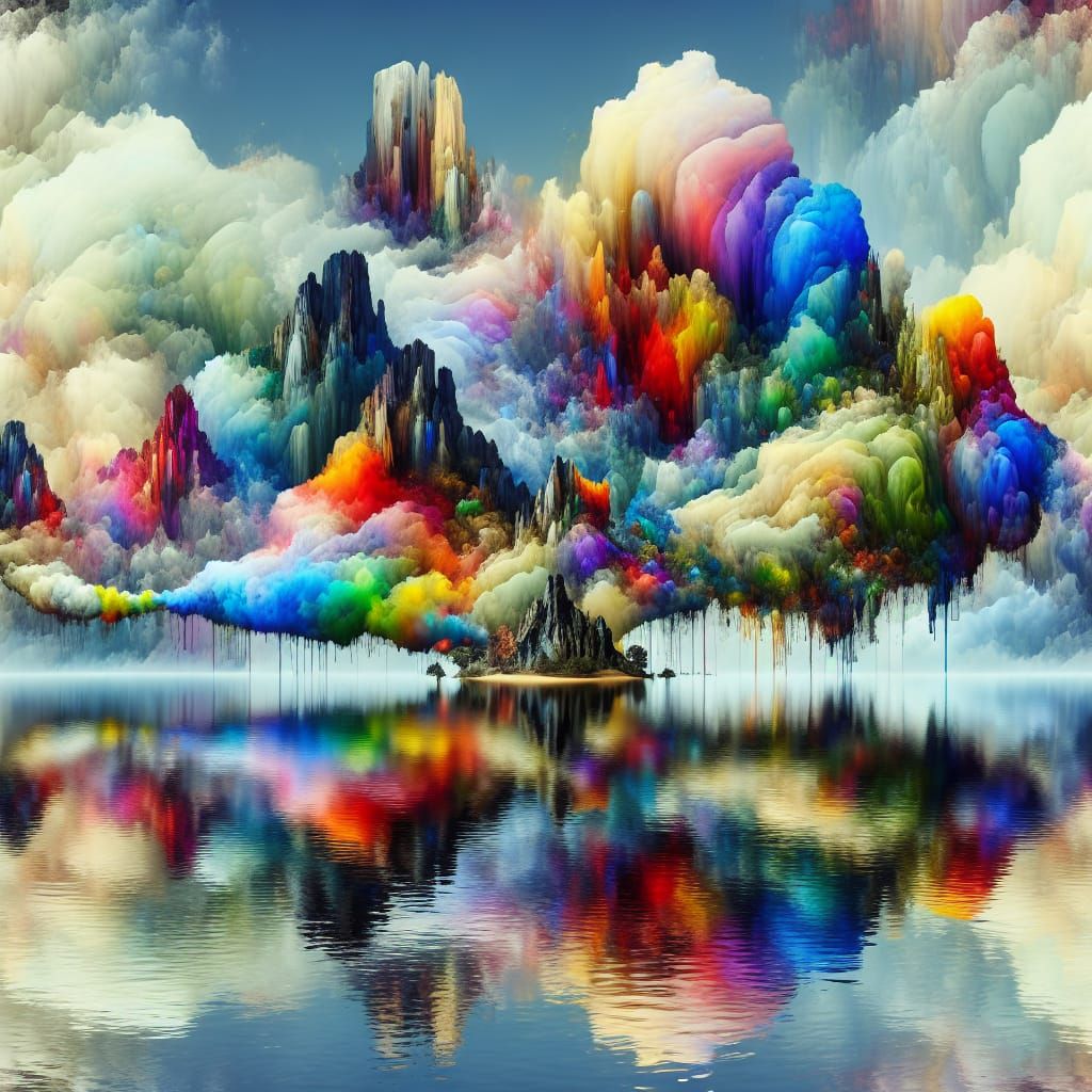 Ethereal Floating Islands in Rainbow Mist: Street Art