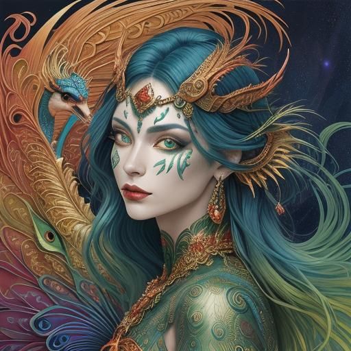 Surreal Dragon Woman Portrait in Art Nouveau Style