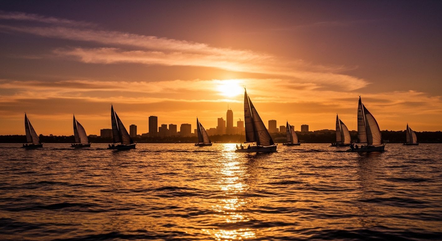 Sailboat Race at Sunset Over Glowing City