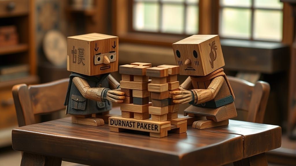Whimsical Wooden Block Characters Play Jenga
