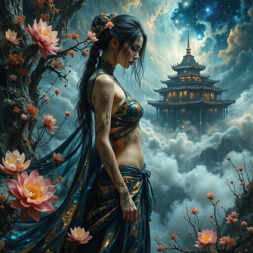 Ethereal Japanese Goddess in Spectral Castle