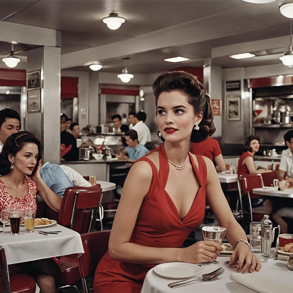 Diner Model in Red Dress: Retro American Scene