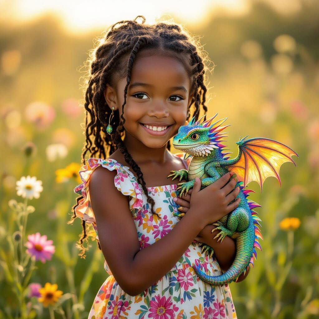 Girl with Dragon in Fantasy Meadow Illustration